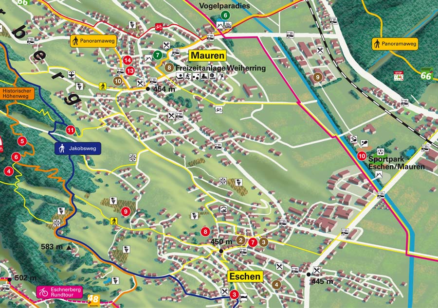 Eschen und Mauren - Freizeit-Panoramakarte vom Liechtensteiner Unterland