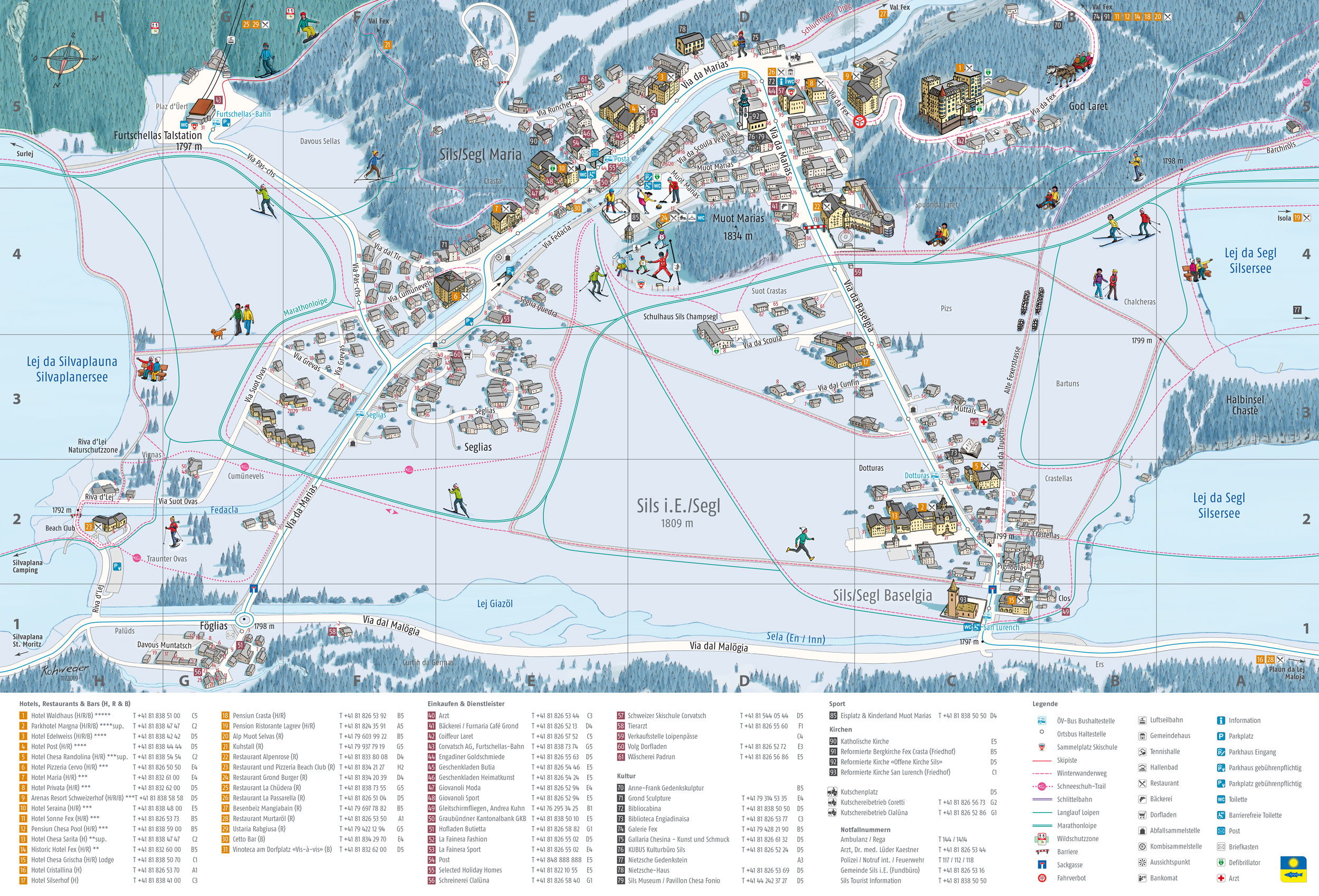 Sils im Engadin Ortsplan Winter Panoramakarte / Winter Trail Map